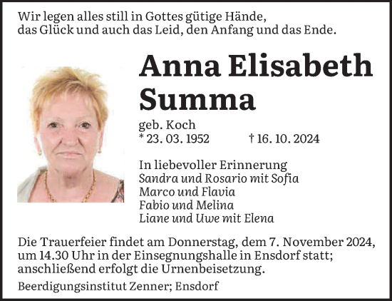 Traueranzeige von Anna Elisabeth Summa von saarbruecker_zeitung