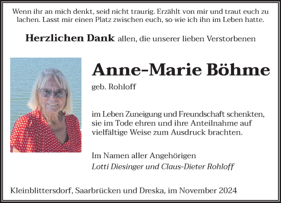 Traueranzeige von Anne-Marie Böhme von saarbruecker_zeitung