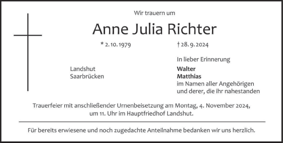 Traueranzeige von Anne Julia Richter von saarbruecker_zeitung