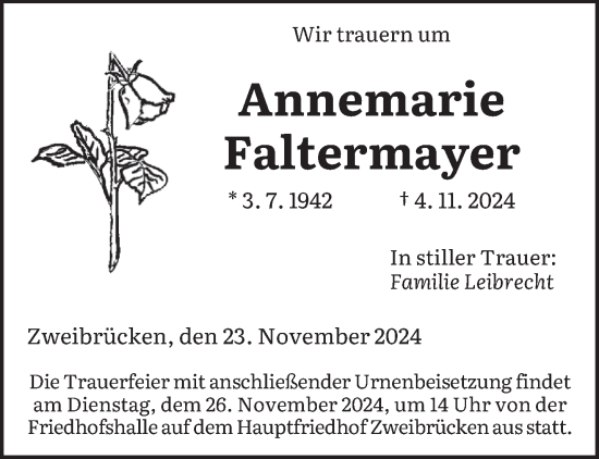 Traueranzeige von Annemarie Faltermayer von saarbruecker_zeitung