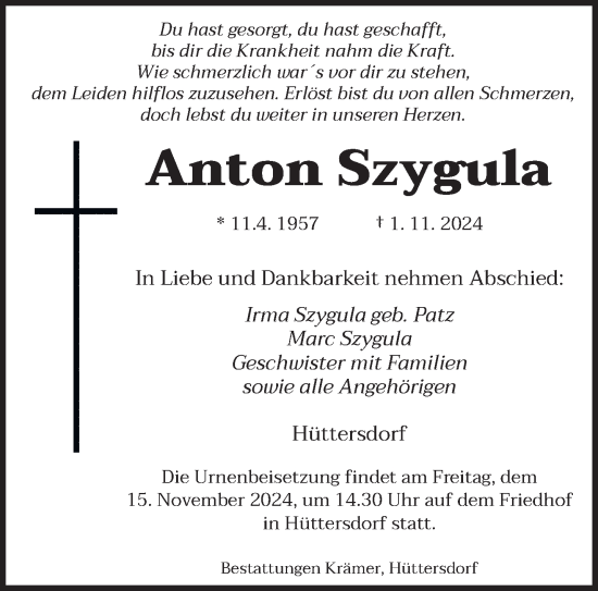 Traueranzeige von Anton Szygula von saarbruecker_zeitung