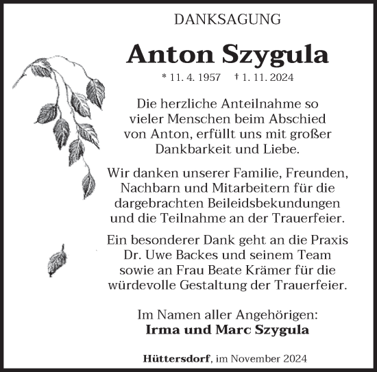 Traueranzeige von Anton Szygula von saarbruecker_zeitung