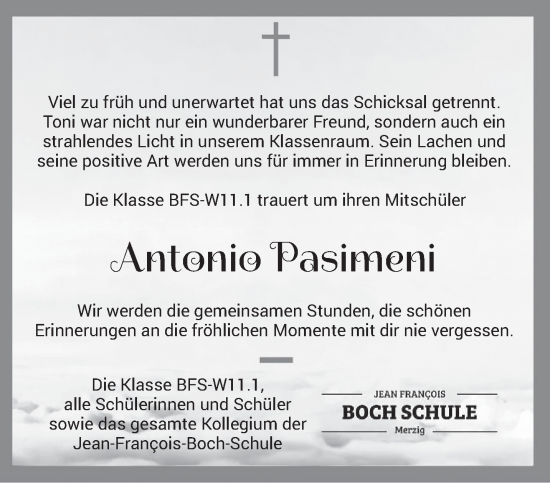 Traueranzeige von Antonio Pasimeni von saarbruecker_zeitung