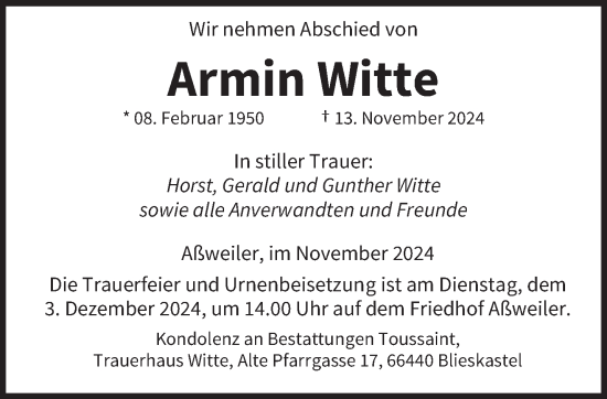 Traueranzeige von Armin Witte von saarbruecker_zeitung