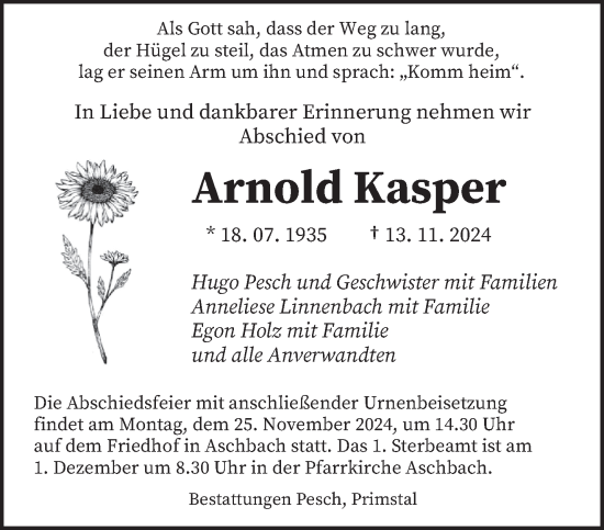 Traueranzeige von Arnold Kasper von saarbruecker_zeitung