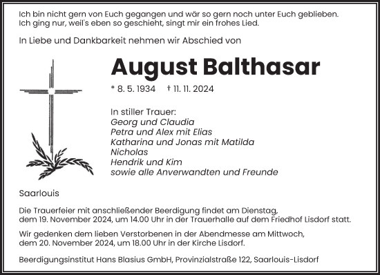 Traueranzeige von August Balthasar von saarbruecker_zeitung