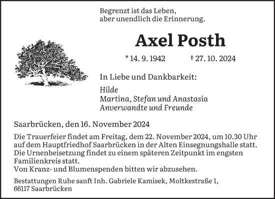 Traueranzeige von Axel Posth von saarbruecker_zeitung