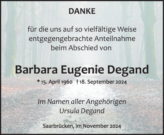 Traueranzeige von Barbara Eugenie Degand von saarbruecker_zeitung