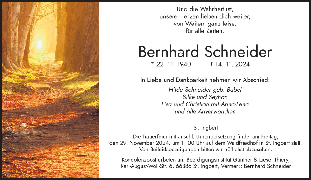  Traueranzeige für Bernhard Schneider vom 23.11.2024 aus saarbruecker_zeitung
