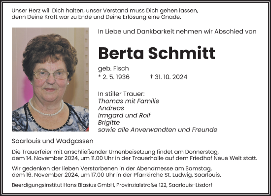 Traueranzeige von Berta Schmitt von saarbruecker_zeitung