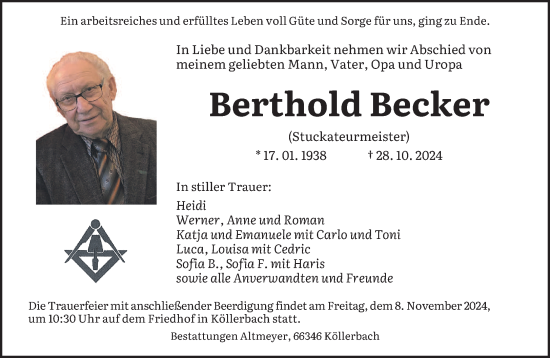 Traueranzeige von Berthold Becker von saarbruecker_zeitung