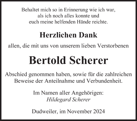 Traueranzeige von Bertold Scherer von saarbruecker_zeitung