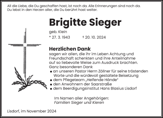 Traueranzeige von Brigitte Sieger von saarbruecker_zeitung