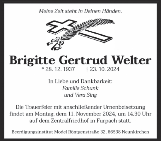 Traueranzeige von Brigitte Gertrud Welter von saarbruecker_zeitung