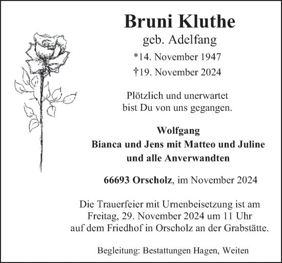 Traueranzeige von Bruni Kluthe von saarbruecker_zeitung