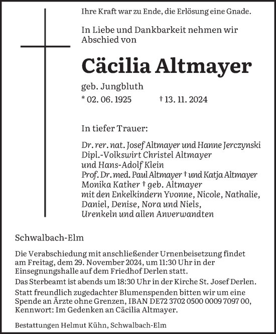 Traueranzeige von Cäcilia Altmayer von saarbruecker_zeitung