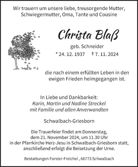 Traueranzeige von Christa Blaß von saarbruecker_zeitung