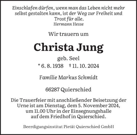 Traueranzeige von Christa Jung von saarbruecker_zeitung