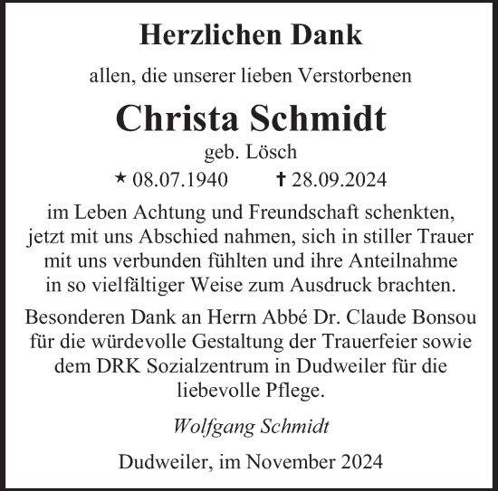 Traueranzeige von Christa Schmidt von saarbruecker_zeitung