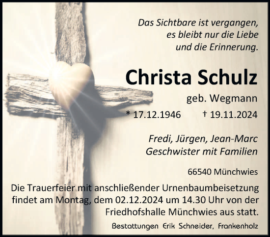 Traueranzeige von Christa Schulz von saarbruecker_zeitung