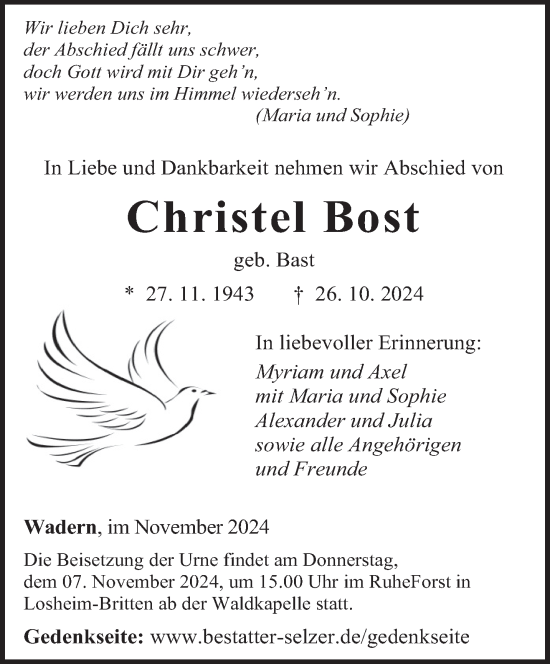 Traueranzeige von Christel Bost von saarbruecker_zeitung