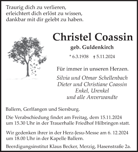 Traueranzeige von Christel Coassin von saarbruecker_zeitung