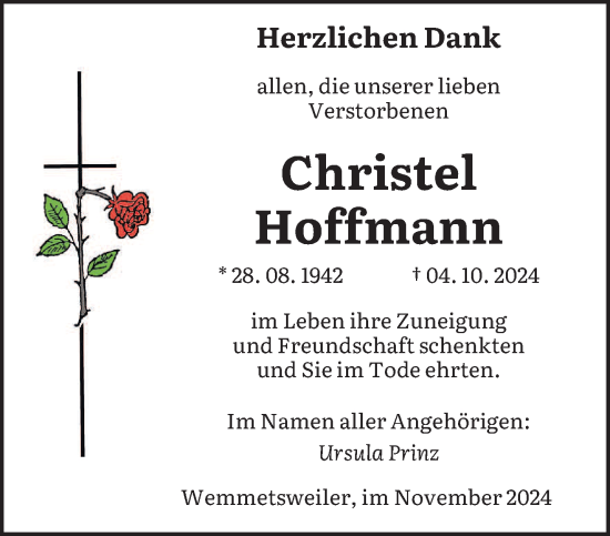 Traueranzeige von Christel Hoffmann von saarbruecker_zeitung