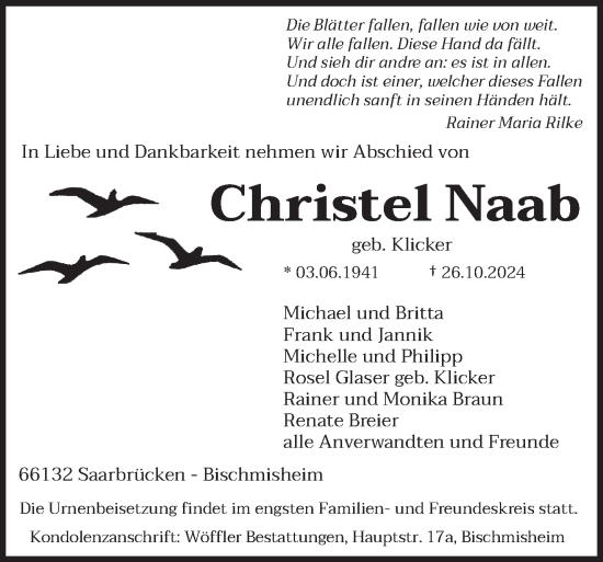 Traueranzeige von Christel Naab von saarbruecker_zeitung