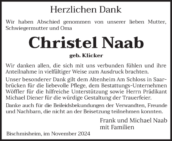 Traueranzeige von Christel Naab von saarbruecker_zeitung