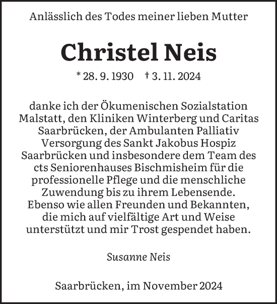 Traueranzeige von Christel Neis von saarbruecker_zeitung