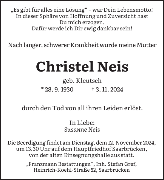 Traueranzeige von Christel Neis von saarbruecker_zeitung