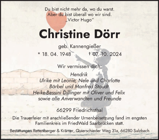 Traueranzeige von Christine Dörr von saarbruecker_zeitung