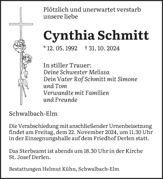 Traueranzeige von Cynthia Schmitt von saarbruecker_zeitung