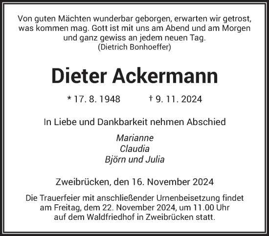 Traueranzeige von Dieter Ackermann von saarbruecker_zeitung