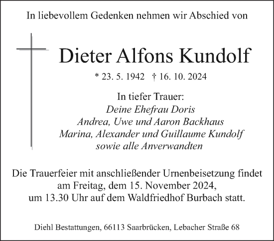 Traueranzeige von Dieter Alfons Kundolf von saarbruecker_zeitung