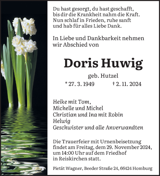 Traueranzeige von Doris Huwig von saarbruecker_zeitung