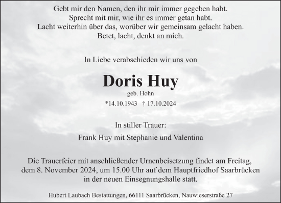 Traueranzeige von Doris Huy von saarbruecker_zeitung