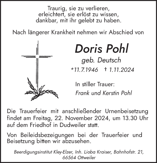 Traueranzeige von Doris Pohl von saarbruecker_zeitung