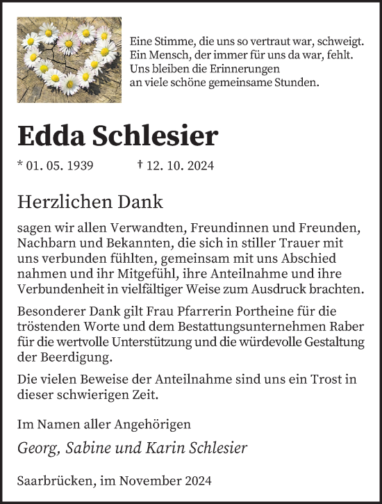 Traueranzeige von Edda Schlesier von saarbruecker_zeitung