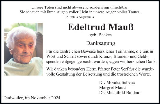 Traueranzeige von Edeltrud Mauß von saarbruecker_zeitung