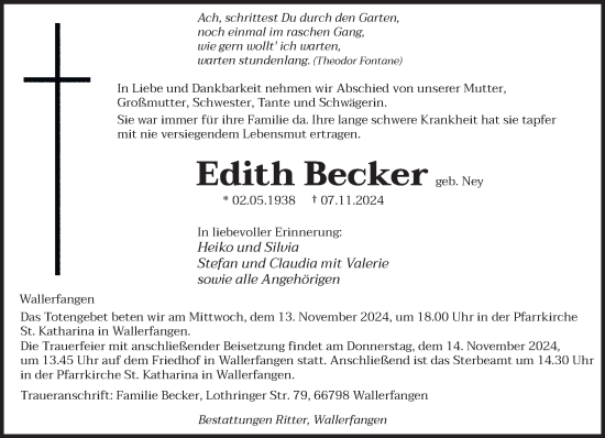 Traueranzeige von Edith Becker von saarbruecker_zeitung