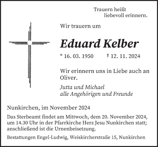 Traueranzeige von Eduard Kelber von saarbruecker_zeitung