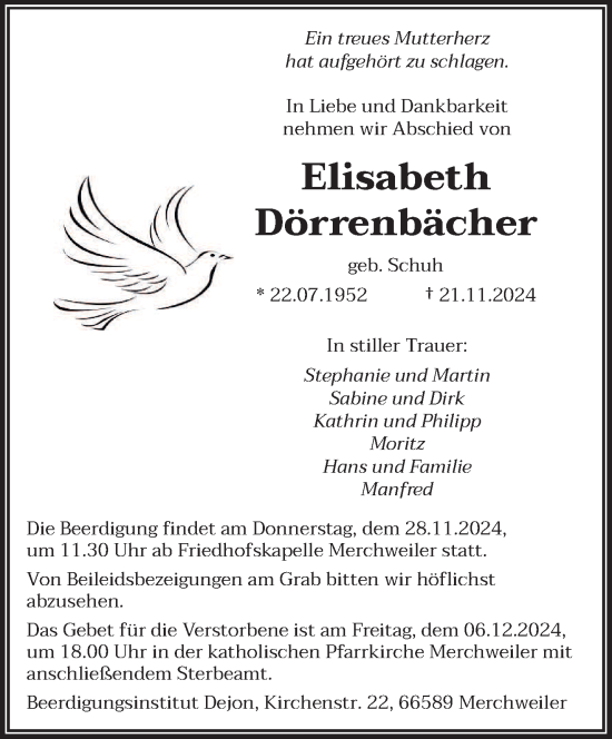 Traueranzeige von Elisabeth Dörrenbächer von saarbruecker_zeitung