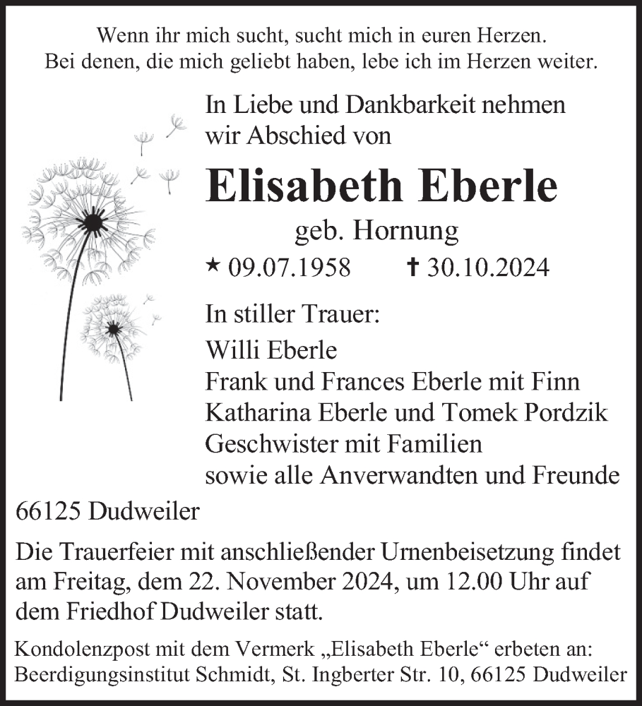  Traueranzeige für Elisabeth Eberle vom 13.11.2024 aus saarbruecker_zeitung