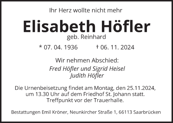 Traueranzeige von Elisabeth Höfler von saarbruecker_zeitung