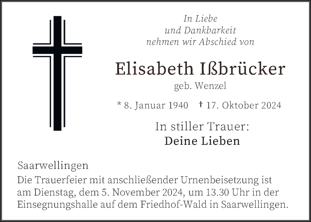  Traueranzeige für Elisabeth Ißbrücker vom 02.11.2024 aus saarbruecker_zeitung