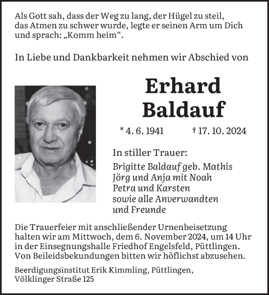 Traueranzeige von Erhard Baldauf von saarbruecker_zeitung