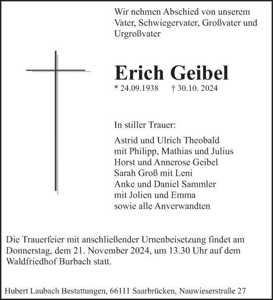 Traueranzeige von Erich Geibel von saarbruecker_zeitung