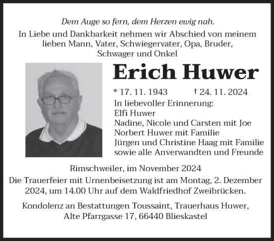 Traueranzeige von Erich Huwer von saarbruecker_zeitung