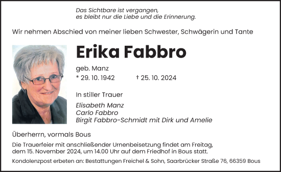 Traueranzeige von Erika Fabbro von saarbruecker_zeitung